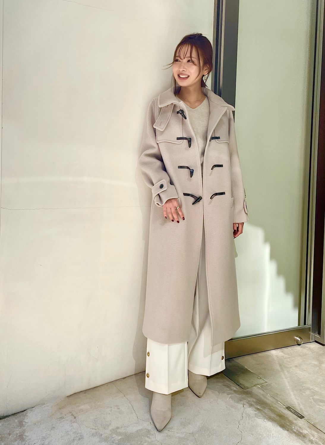 【used】greige-color long duffel-coat114cm袖丈