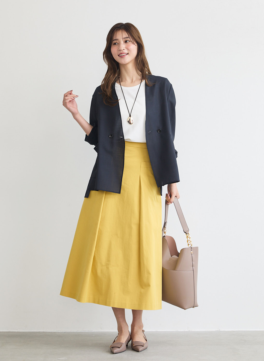 新品　LOUNIE ルーニィ　コットンフレアスカート　光沢　マスタードイエローM ボタンアクセントスカート/セット着用可｜LOUNIE（ルーニィ