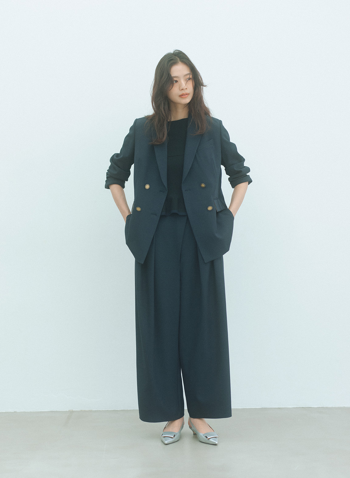 LOUNIE 新品 ネイビー色ワイドパンツ ラインアクセントワイドパンツ/セットアップ可｜LOUNIE