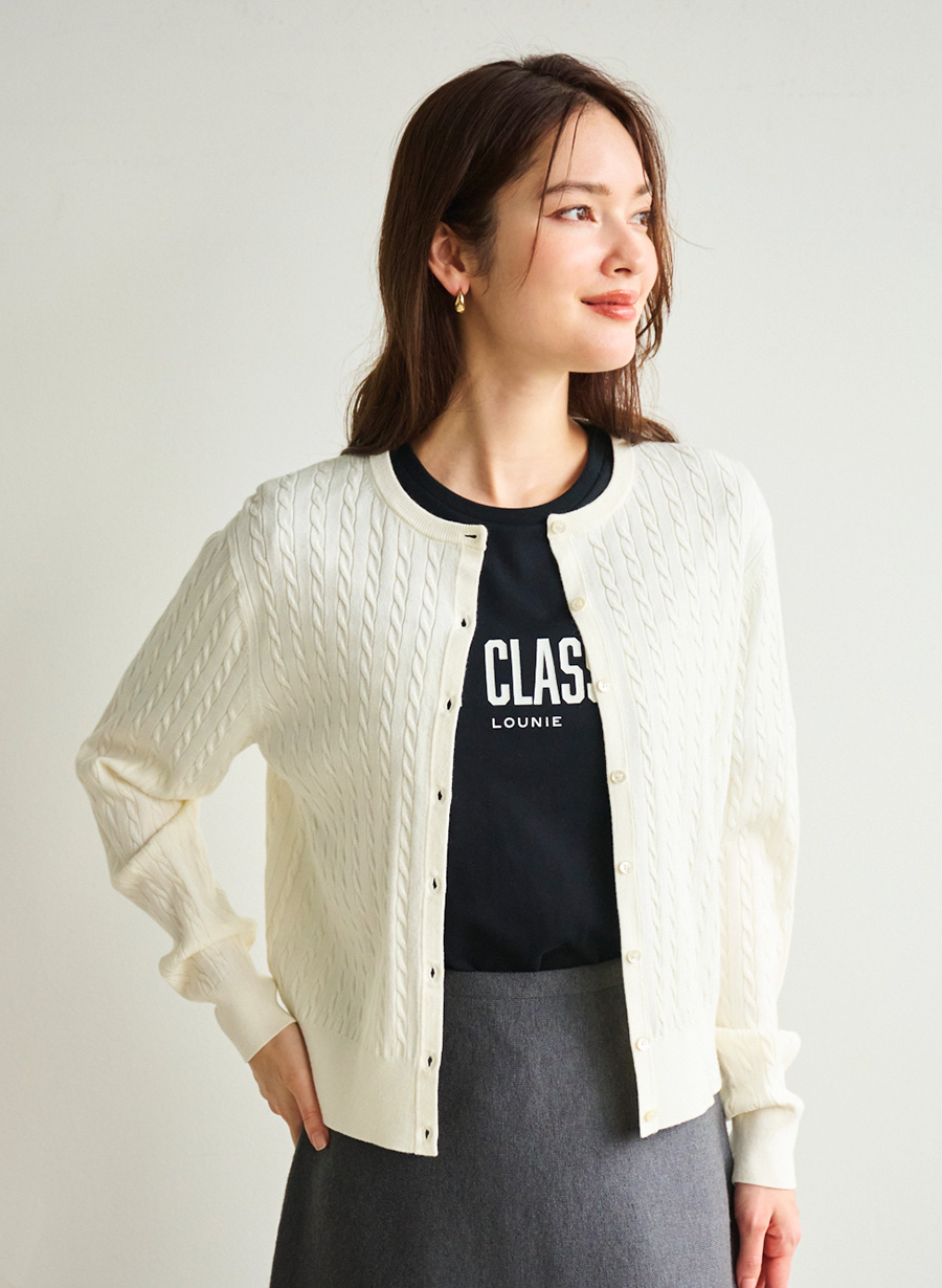 【美品】LOUNIE アンサンブルニットカーディガン（ホワイト） ルーニィ ベーシックニットカーディガン /アンサンブル着用可｜LOUNIE