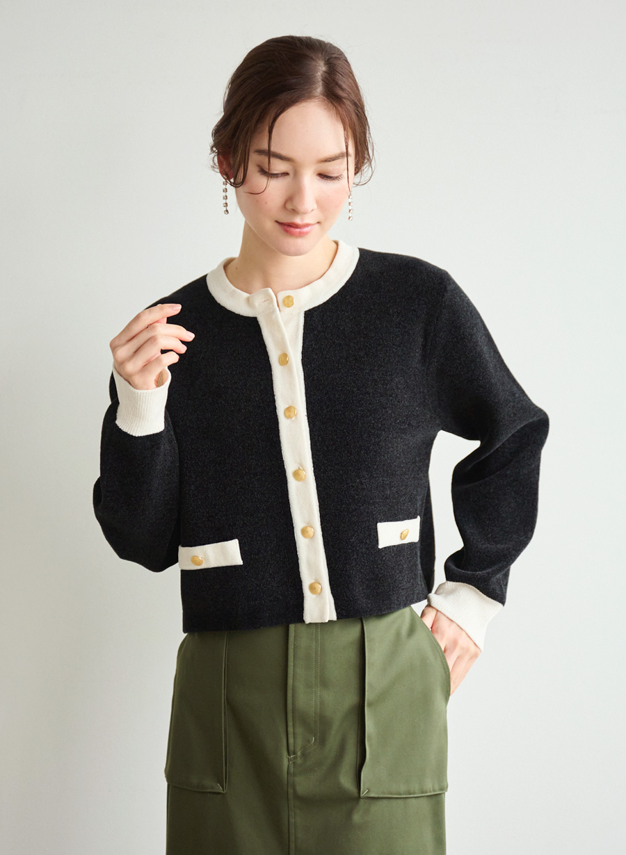 【新品タグ付き】LOUNIE バイカラーシアーカーディガン　ネイビー20900円 新品タグ付き】LOUNIE バイカラーシアーカーディガン ネイビー