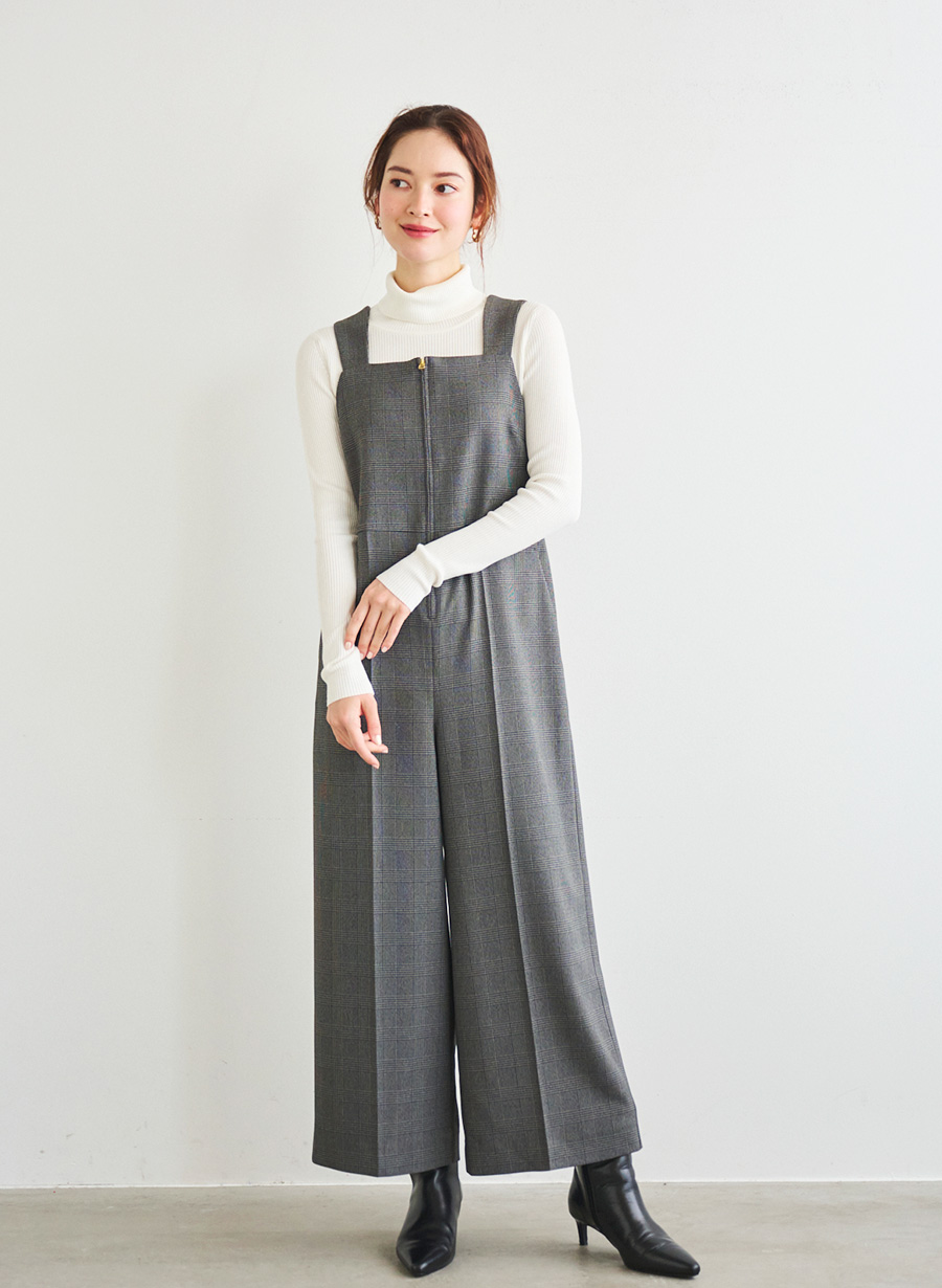 ウール調グレンチェックストレッチコンビネゾン