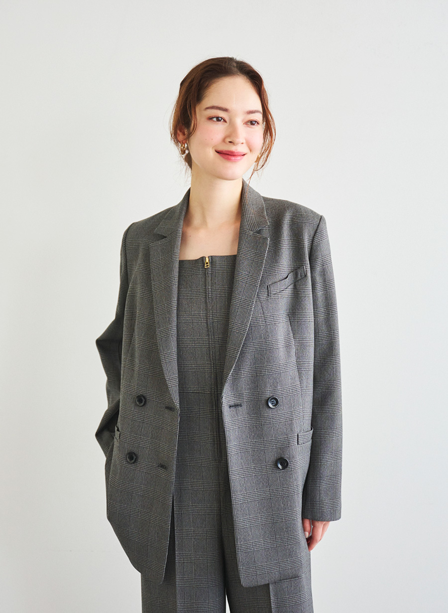 ウール調グレンチェックストレッチダブルジャケット