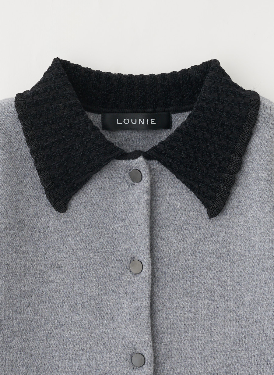 LOUNIE ボタン付きモールカーディガン 黒/白 ボタンアクセント